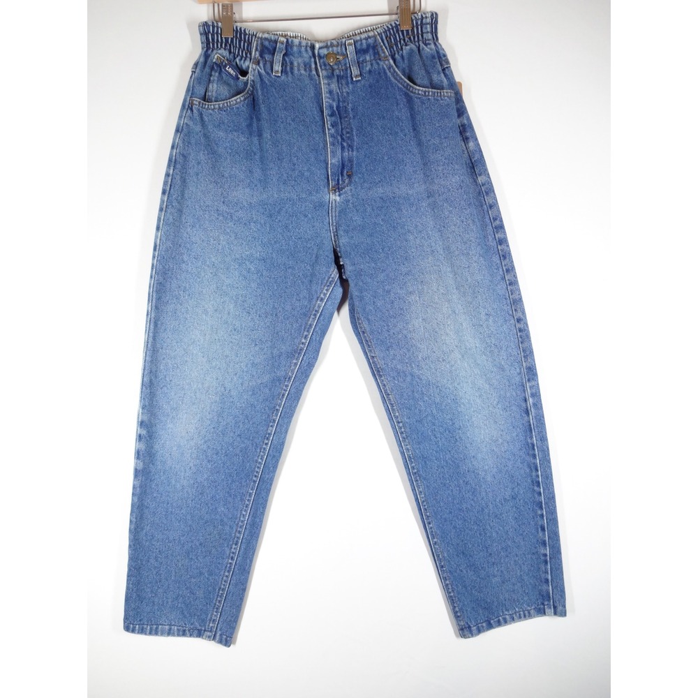 VTG 90s Lee Tapered Jeans Womens 28 Blue High Waist Elastic Mom Barrel Denim